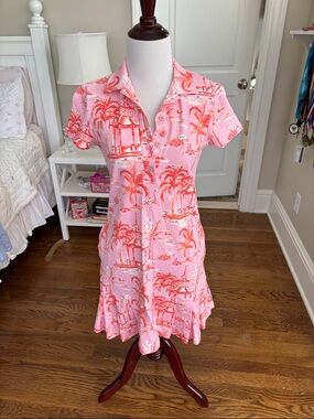 Pink Tropical Polo Mini Dress with Coral Print